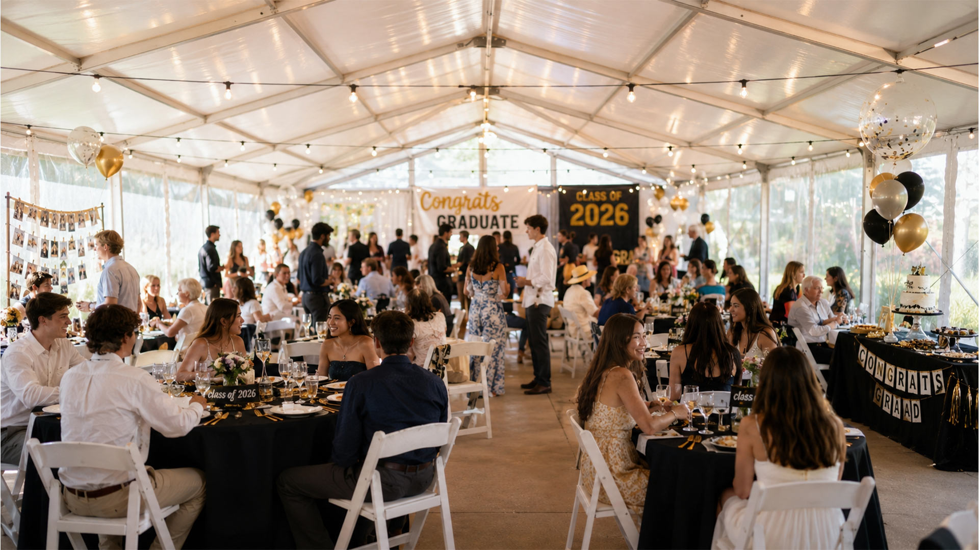 Guests seated under the Quail Ridge event pavilion for a graduation party